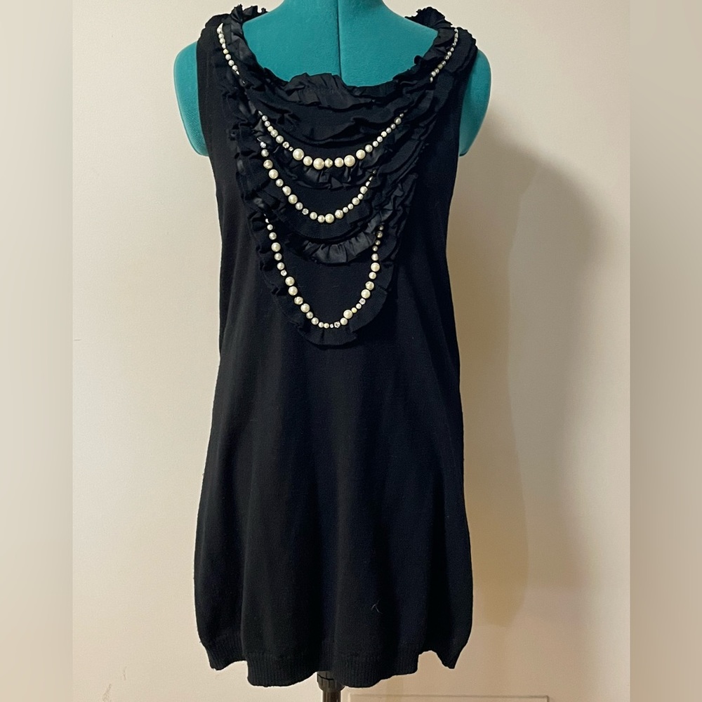 Nanette Lepore Merino Wool Black Ruffles/Beads/Rhinestones Mini Sweater Dress -S